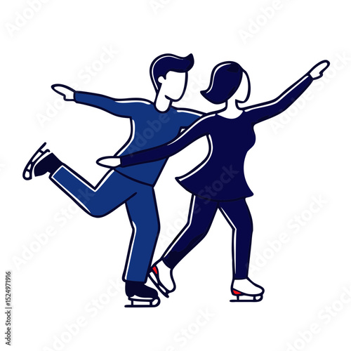 Two figure skaters in blue outfits performing a routine. Useful for websites or blogs about figure skating, winter sports, pairs skating, or ice dance.