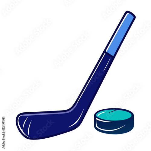 A stylized blue hockey stick and a teal-colored puck. Useful for websites or blogs about ice hockey, sports, games, or athletic equipment.
