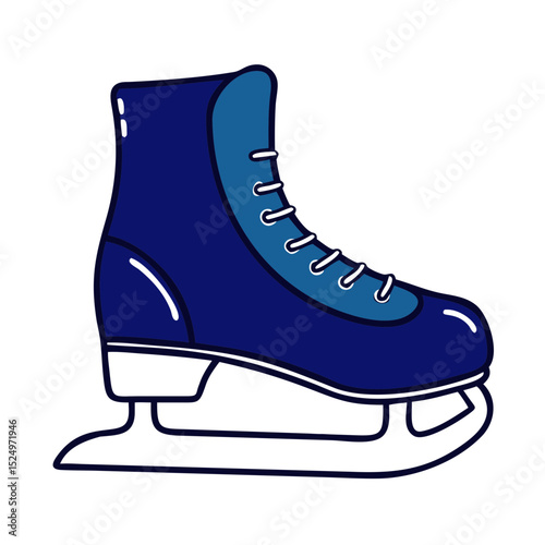 A blue figure skate with white laces and blade. Useful for websites or blogs about winter sports, ice skating, recreational activities, or athletic gear.