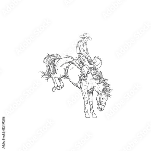 Rodeo with retro photocopy stipple effect, for grunge design. Vector illustration in vintage halftone brutalist design for banner or poster