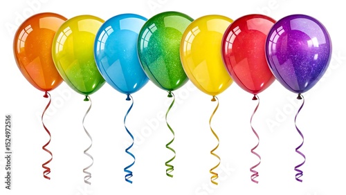 Colorful Glossy Party Balloons with Ribbons Floating in a Row Isolated on White Background
