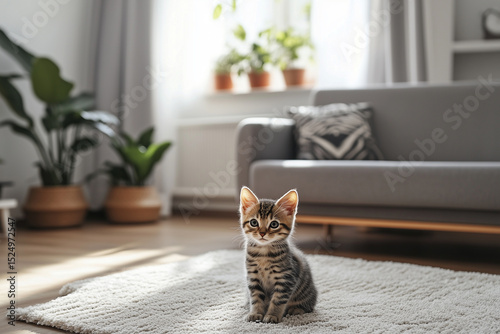 Modern living room interior with a yellow sofa and large white area rug. A playful kitten bats at a toy mouse on the rug, surrounded by modern furniture and subtle decor