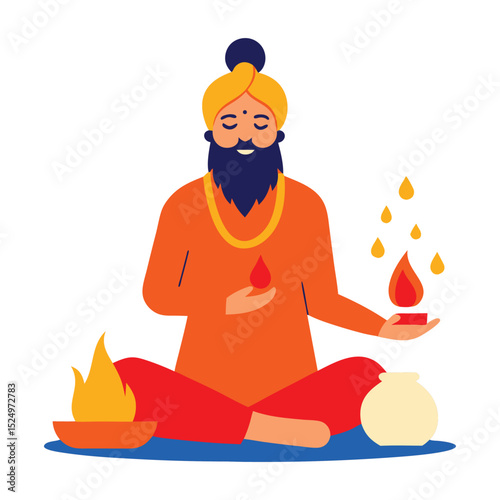 Indian priest Panditji performing havan pooja and worshiping gods, doing prayer with some lit fire in the Havan Kund