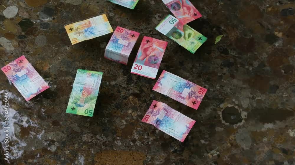 Schweizer Franken Banknoten schwimmen in einem Brunnen, schwimmende Bargeld Geldscheine in Bewegung