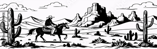 Cowboy Riding Horse Across Desert Landscape, Black and White Illustration