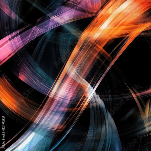 Abstract artwork featuring vibrant, swirling, translucent streaks of light in orange, pink, teal, and purple against a black background