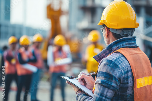 Engineer supervises construction with attention