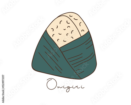 Onigiri wrapped in nori, traditional japanese snack. Seafood, nori, rice. Rice food with stuffing. Traditional asian cuisine. Vector linear sketch illustration on white background For menu, recipe