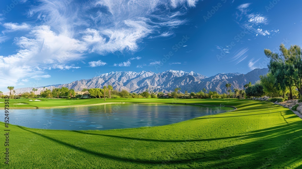 Obraz premium Panoramic view of scenic golf course with mountain backdrop in palm springs
