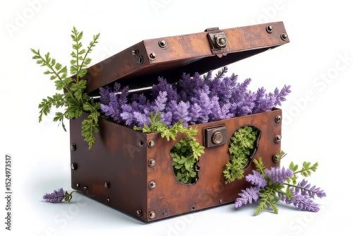 Rustic Wooden Box Filled with Lavender and Ferns