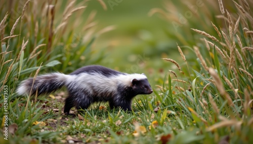 timeless skunk photographed in a walking pose in a grassy trail, in a classic wildlife photography style, with contrasty tones, even light, high resolution