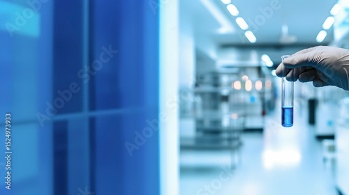 Gloved hand gripping a test tube filled with vibrant blue liquid in a cutting-edge laboratory environment, highlighting scientific research and innovation. Copy space