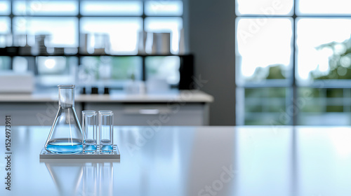 Conical flask and test tubes containing blue liquid in laboratory