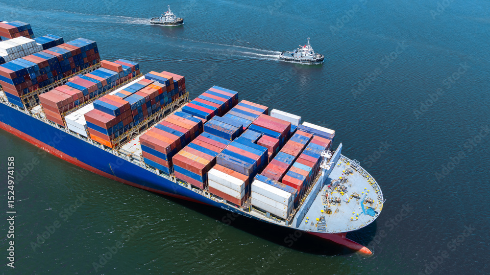 Fototapeta premium Aerial view cargo container ship global business maritime logistic, Cargo container ship freight shipping international supply chain, Sea freight industrial import export logistic transport industry.
