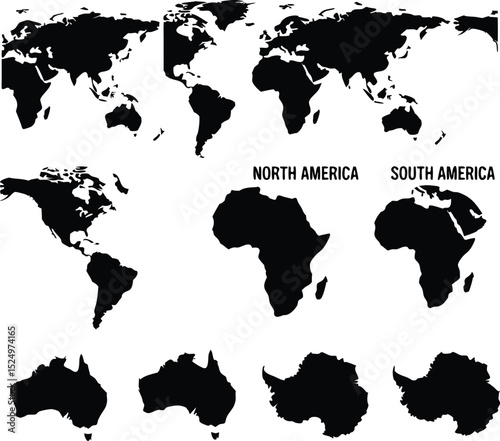 World Map Silhouettes  Continents   Global Illustration
