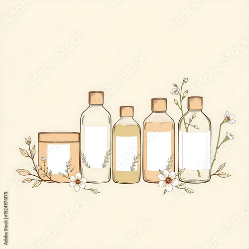 A hand-drawn illustration of a beauty brand concept minimal-style packaging with soft yellow pastel tones, including skincare bottles, lip balm, facial cream and flower.
