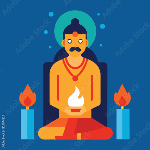 Indian priest Panditji performing havan pooja and worshiping gods, doing prayer with some lit fire in the Havan Kund