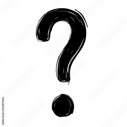 Bold black question mark symbol drawn with rough brush strokes. Graphic design element shows a large question mark with a textured, hand-painted style.
