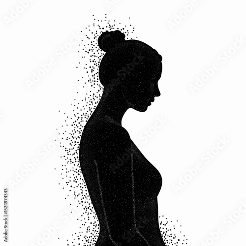 Woman silhouette dissolving into particles, elegant female figure fading away, conceptual art for design projects.  Silhouette art depicts graceful feminine form