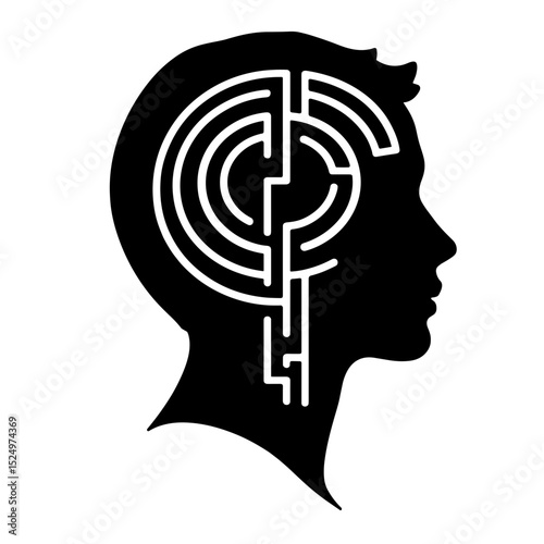 Human head silhouette with complex maze inside. Intricate labyrinth pattern symbolizes mental processes, problem-solving, and cognitive functions.