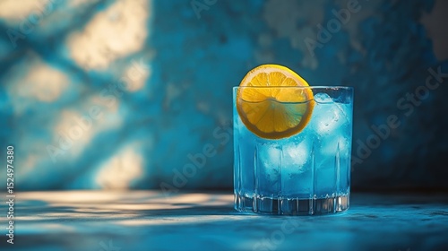 Turquoise refreshment with slice of lemon in clear glass summertime mood cool ambience backdrop