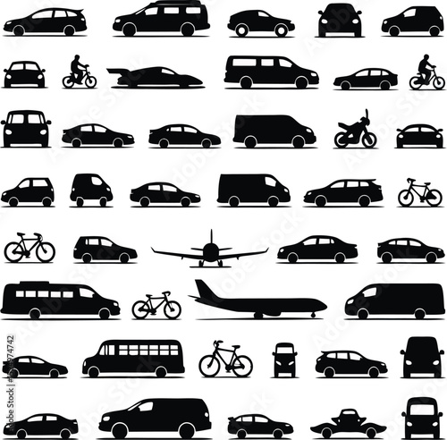 Vehicle Icons  Cars  Bikes  Planes  Transportation Silhouettes
