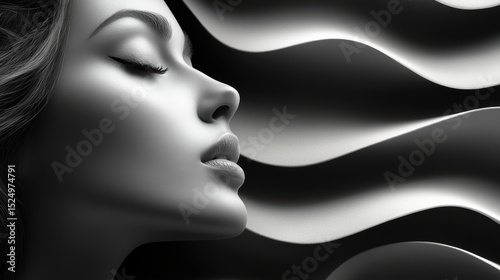 Minimalist Glamour Monochrome Portrait of a Woman in Serene Profile with Flowing Abstract Shapes Backdrop
