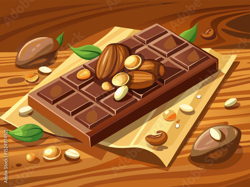 vector of Bar chocolate with separated nuts on a light wooden table...