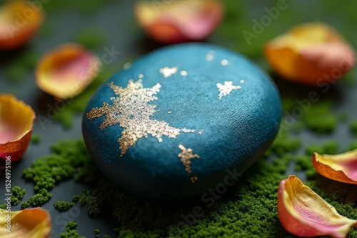 Teal Decorated Stone with Gold Glitter and Rose Petals on Moss
