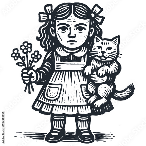 Charming vintage linocut style vector of a little girl with pigtails holding flowers and her pet cat. Retro engraving aesthetic. Monochrome.