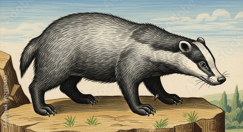 European Badger Seen On Top Of A Tree Stump