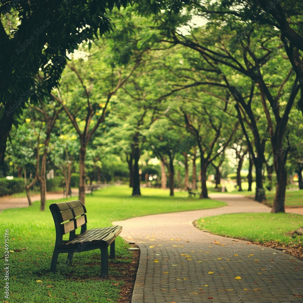 Serene park scene with a bench beside a winding path under lush green trees Serene park scene with a bench beside a winding path under lush green trees