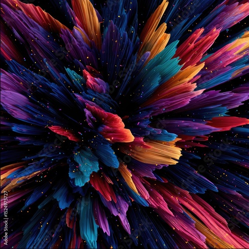 Vibrant, multicolored explosion of paint strokes, speckled with glitter against a dark background