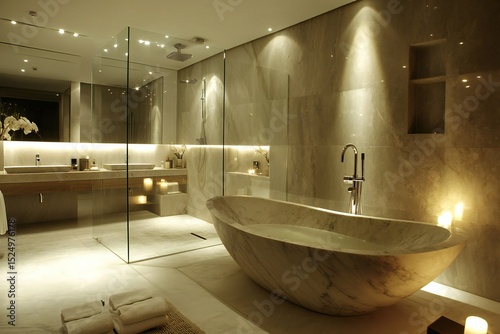 A luxurious modern bathroom featuring a freestanding marble bathtub,  created by ai