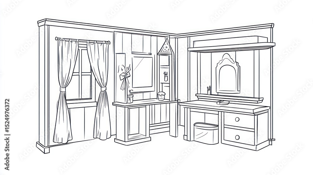 Fototapeta premium Line drawing of a quaint, wooden dressing room