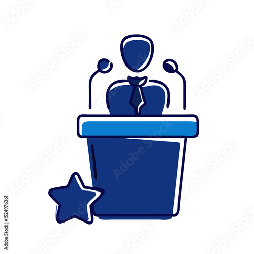 A figure at a podium with microphones, next to a star. Useful for websites or blogs about public speaking, politics, awards, or presentations.