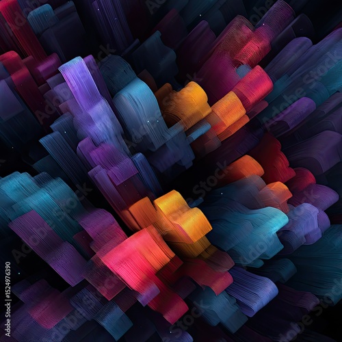 Abstract artwork featuring vibrant, multicolored, extruded shapes creating a dynamic, 3D effect
