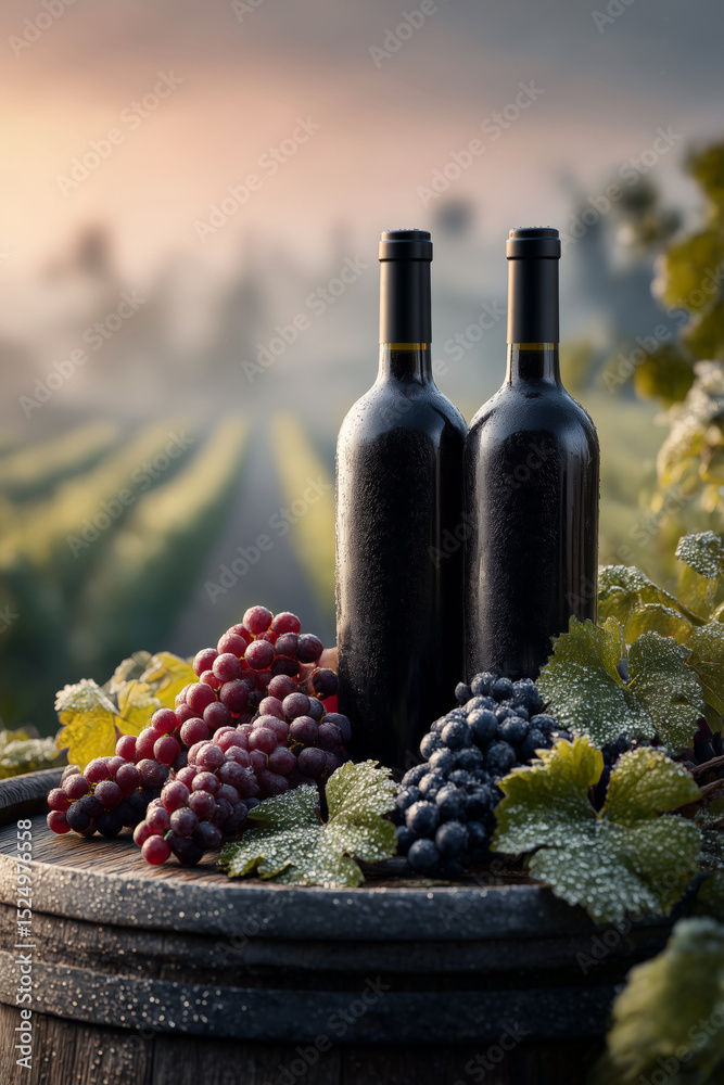 Fototapeta premium A glass of wine in a Bordeaux vineyard in a rustic and peaceful setting.