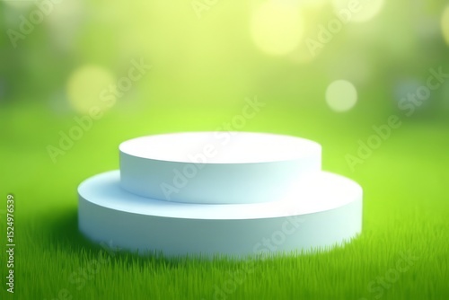 White Product Display Podium on Green Grass Background for Natural Promotion