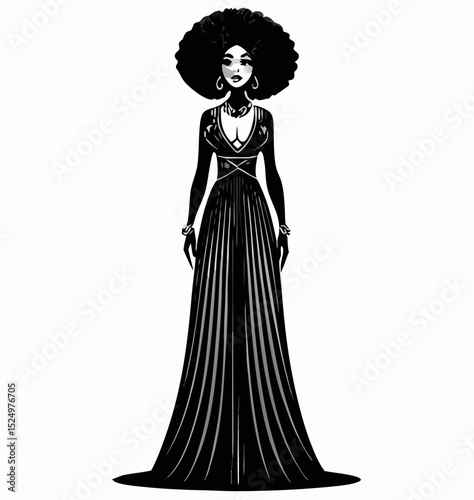 Elegant Black Woman in Long Gown, Afro Hair, Fashion Illustration