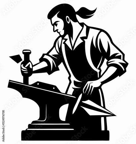 Blacksmith Working at Anvil, Hammering Metal