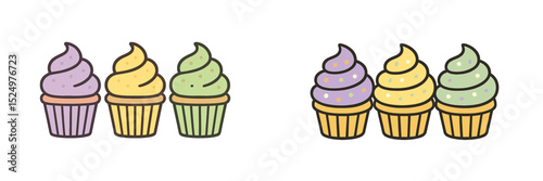 Colorful cupcakes with swirled frosting in pastel colors arranged in pairs on a light background