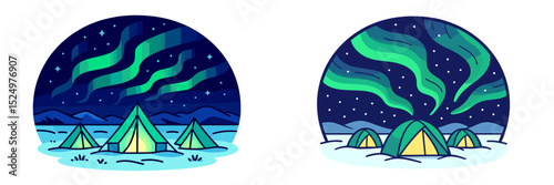 Colorful auroras illuminate a campsite under a starry sky in the Arctic region at night