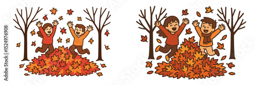 Children joyfully playing in a colorful pile of autumn leaves in an outdoor park during the fall season