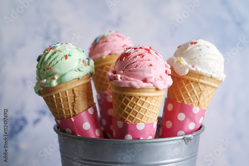 Ice cream cones with sprinkles in rustic metal bucket