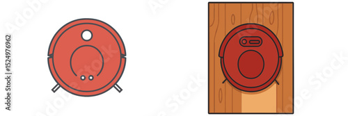 Robot vacuum cleaner model in a bright, minimalistic setting with wooden background showcasing modern home technology