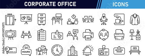 Set of 27 outline icons related to the Corporate Office. Linear icon collection. Editable stroke. Vector illustration