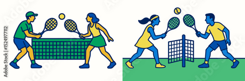 Dynamic doubles tennis match featuring players engaging at a vibrant outdoor court during sunny weather