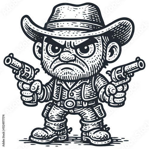 Angry cartoon cowboy with a big head and stubble, holding two revolvers. Vintage engraving style vector. Monochrome. Wild West character.