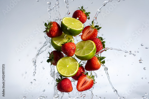 Strawberries and lime slices with dynamic water splashes on white background